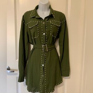 Button Down Long Sleeve Embellished with pearls and belt women’s Blouse. Size XL